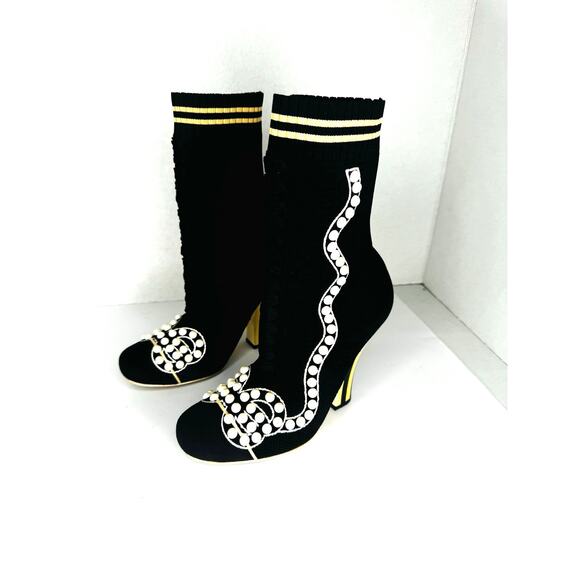 Fendi Rockoko Pearl Embellished Black Stretch Sock Boots 105mm Heels Size 37 - Picture 12 of 13
